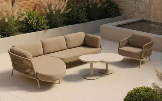 Luksusowa jasnobeżowa sofa ogrodowa z szezlongiem narożnik ginora Luksusowa jasnobeżowa sofa ogrodowa z szezlongiem narożnik ginora