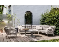 Luksusowy zestaw narożny ogrodowy w kolorze beżowym z grubymi poduszkami pikowanymi lima