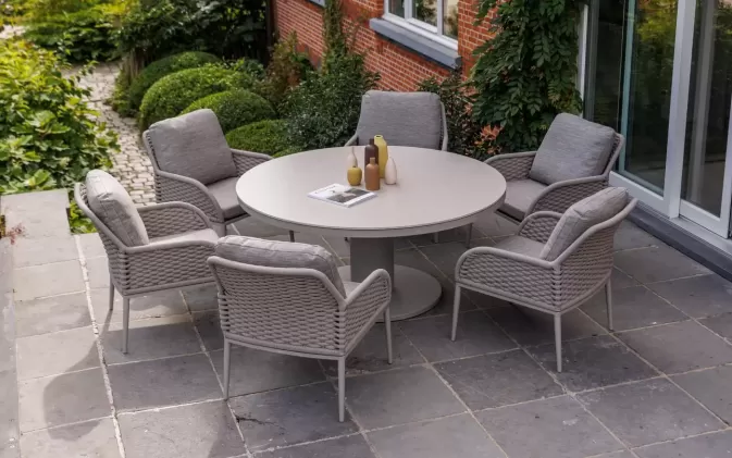 Zestaw ogrodowy stołowy beżowy dla 6 osób ze stałem o d160 cm lima