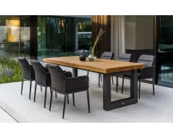 Sześcioosobowy zestaw jadalniany na taras ze stołem z grubym blatem tik nevada i 6 krzeseł lima