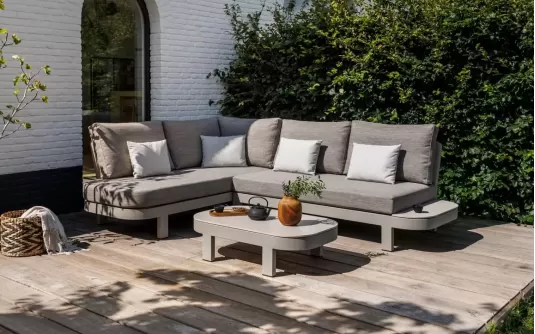 Beżowy nieduży narożnik ogrodowy aluminiowy z zaokrąglonymi końcami stolikami salvador small Beżowy nieduży narożnik ogrodowy aluminiowy z zaokrąglonymi końcami stolikami salvador small