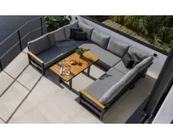 Aluminiowy komplet narożny ogrodowy z elementami tek w kształcie litery u z wysokim stolikiem soho antracyt