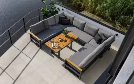 Aluminiowy komplet narożny ogrodowy z elementami tek w kształcie litery u z wysokim stolikiem soho antracyt