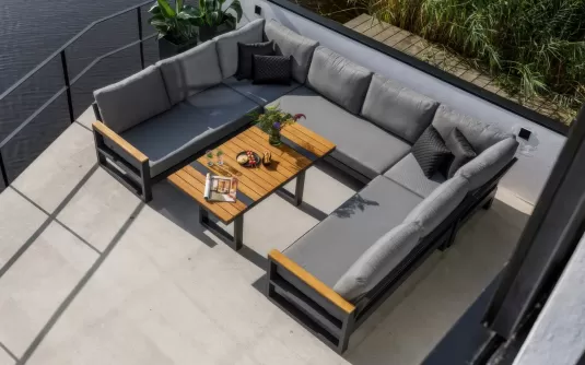 Aluminiowy komplet narożny ogrodowy z elementami tek w kształcie litery u z wysokim stolikiem soho antracyt