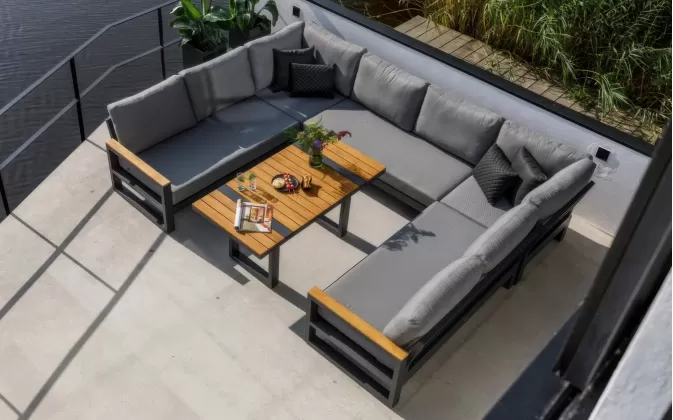 Aluminiowy komplet narożny ogrodowy z elementami tek w kształcie litery u z wysokim stolikiem soho antracyt