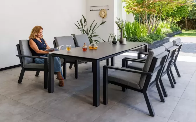 Sześcioosobowy zestaw stołowy ogrodowy aluminiowy grafitowy z ceramicznym blatem TIMBER 