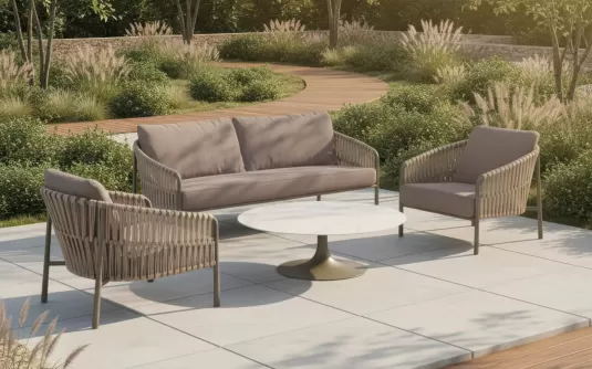 Komplet wypoczynkowy na teraz aluminiowy z pasami polipropylen i sofą 2,5 osobową Valencia 