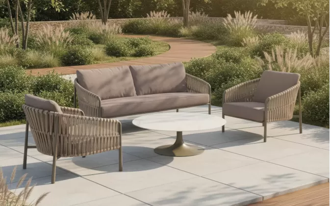 Komplet wypoczynkowy na teraz aluminiowy z pasami polipropylen i sofą 2,5 osobową Valencia 