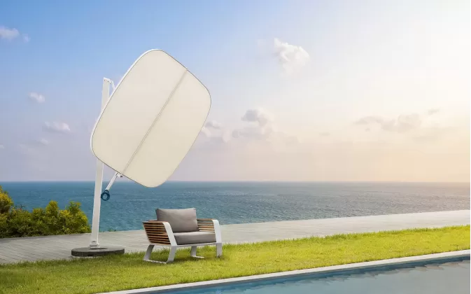 Biały designerski parasol z podstawą granitową okrągłą tekno higold