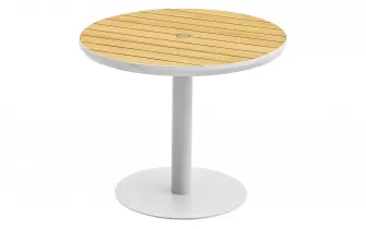 Okrągły stół ogrodowy 90 cm 1 noga biała aluminiowa blat teak BALI Higold