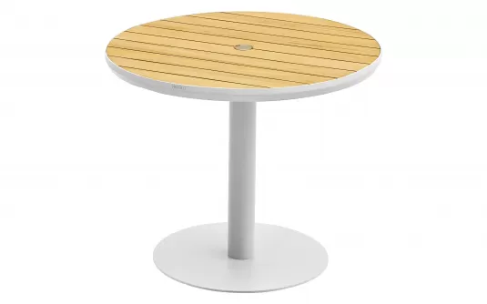 Okrągły stół ogrodowy 90 cm 1 noga biała aluminiowa blat teak BALI Higold