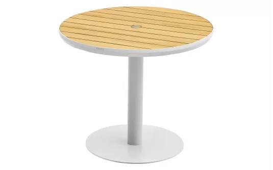 Okrągły stół ogrodowy 90 cm 1 noga biała aluminiowa blat teak BALI Higold