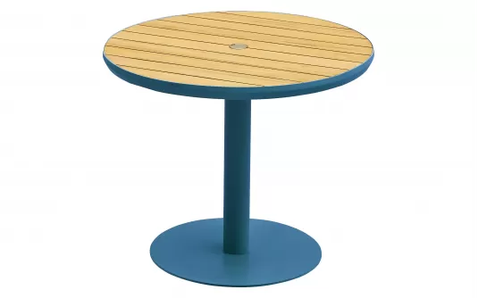 Okrągły stół ogrodowy 90 cm 1 noga niebieska aluminiowa blat teak BALI Higold