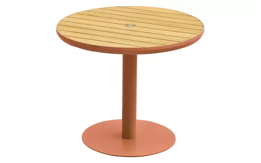 Okrągły stół ogrodowy 90 cm 1 noga pomarańczowa aluminiowa blat teak BALI Higold