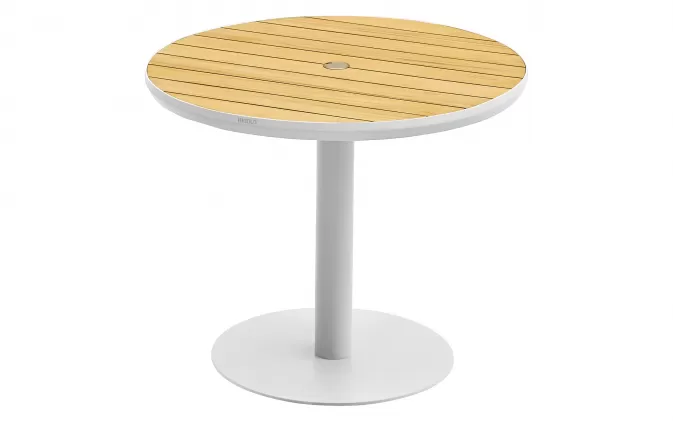 Okrągły stół ogrodowy 90 cm 1 noga biała aluminiowa blat teak BALI Higold