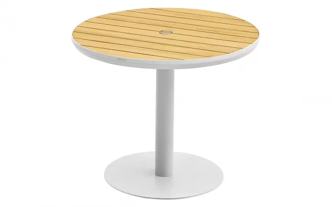 Okrągły stół ogrodowy 90 cm 1 noga biała aluminiowa blat teak BALI Higold