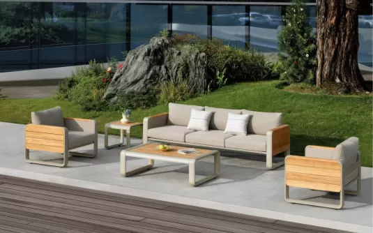 Luksusowy komplet wypoczynkowy ogrodowy aluminiowo teakowy w kolorze beżowym nottingham higold