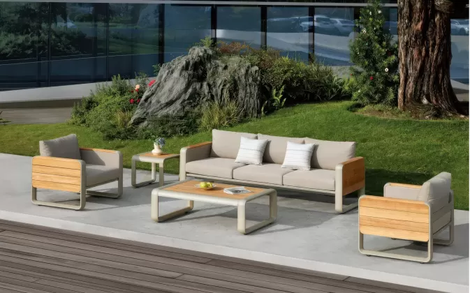 Luksusowy komplet wypoczynkowy ogrodowy aluminiowo teakowy w kolorze beżowym nottingham higold