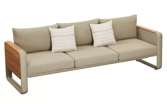 Sofa ogrodowa trzyosobowa szeroka aluminiowa beżowa z elementami teak nottingham higold