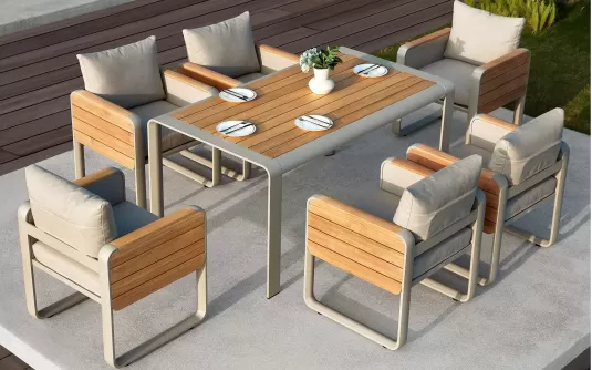 Zestaw stołowy no teraz o o beżowej konstrukcji teak nottingham dla 6 osób