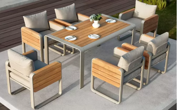 Zestaw stołowy no teraz o o beżowej konstrukcji teak nottingham dla 6 osób