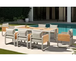 Ośmioosobowy komplet stołowy na taras nottingham beżowe aluminium i drewno teak higold