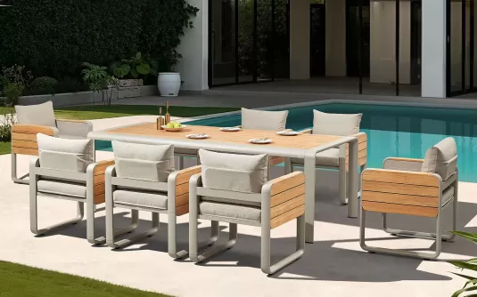 Ośmioosobowy komplet stołowy na taras nottingham beżowe aluminium i drewno teak higold