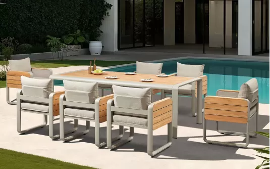 Ośmioosobowy komplet stołowy na taras nottingham beżowe aluminium i drewno teak higold Ośmioosobowy komplet stołowy na taras nottingham beżowe aluminium i drewno teak higold