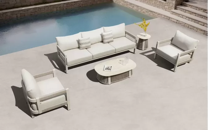 Zestaw ogrodowy wypoczynkowy z sofą trzyosobową szarobeżowy aluminiowy paros higold