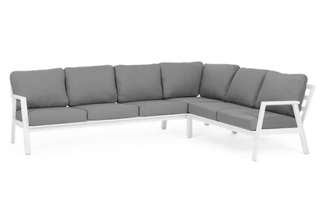 Modułowy biały aluminiowy narożnik ogrodowy z szarymi poduszkami flaminio bizzotto