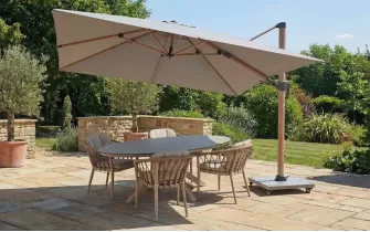 Parasol ogrodowy noga boczna efekt drewna 3x3 m | poszycie Spuncrylic jasnoszare