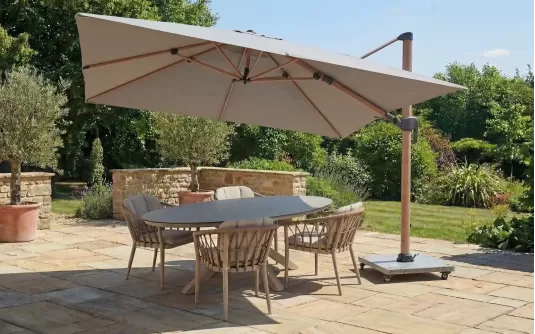 Parasol ogrodowy noga boczna efekt drewna 3x3 m | poszycie Spuncrylic jasnoszare Parasol ogrodowy noga boczna efekt drewna 3x3 m | poszycie Spuncrylic jasnoszare