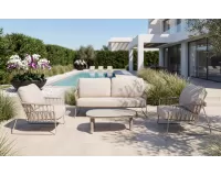 Wygodny luksusowy komplet wypoczynkowy na taras beżowy rivera ze stolikami Solea