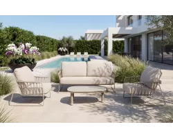 Wygodny luksusowy komplet wypoczynkowy na taras beżowy rivera ze stolikami Solea