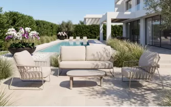 Wygodny luksusowy komplet wypoczynkowy na taras beżowy rivera ze stolikami Solea