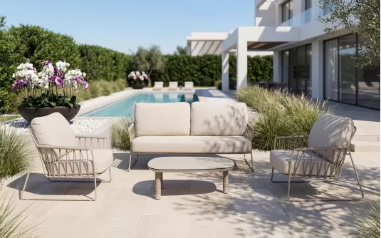 Wygodny luksusowy komplet wypoczynkowy na taras beżowy rivera ze stolikami Solea Wygodny luksusowy komplet wypoczynkowy na taras beżowy rivera ze stolikami Solea