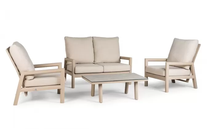 Zestaw ogrodowy wypoczynkowy aluminiowy beżowy ze stolikiem z blatem hpl pochylania oparcia Sevilla