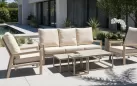 Meble ogrodowe wypoczynkowe z sofą trzyosobową 2 fotelami z pochylonymi oparciami beżowe aluminiowe Sevilla