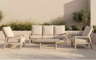 Meble ogrodowe wypoczynkowe z sofą trzyosobową 2 fotelami z pochylonymi oparciami beżowe aluminiowe Sevilla