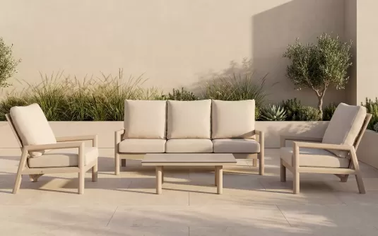 Meble ogrodowe wypoczynkowe z sofą trzyosobową 2 fotelami z pochylonymi oparciami beżowe aluminiowe Sevilla