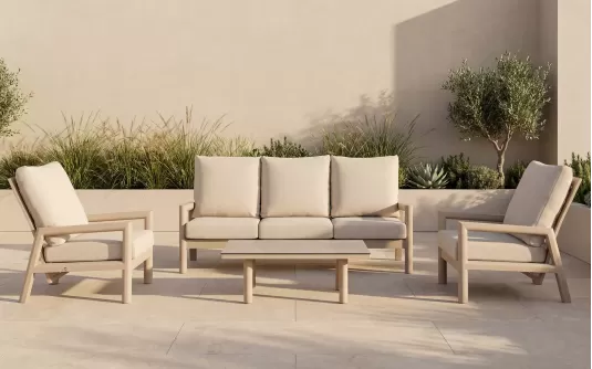 Meble ogrodowe wypoczynkowe z sofą trzyosobową 2 fotelami z pochylonymi oparciami beżowe aluminiowe Sevilla