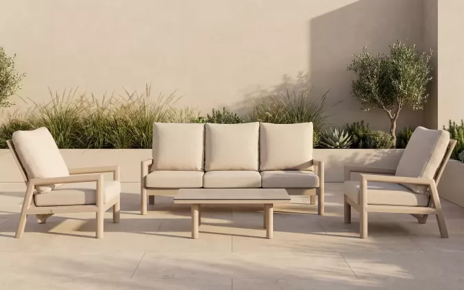 Meble ogrodowe wypoczynkowe z sofą trzyosobową 2 fotelami z pochylonymi oparciami beżowe aluminiowe Sevilla