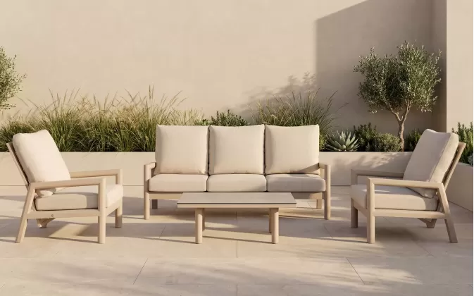 Meble ogrodowe wypoczynkowe z sofą trzyosobową 2 fotelami z pochylonymi oparciami beżowe aluminiowe Sevilla