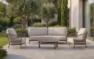 Zestaw wypoczynkowy ogrodowy aluminiowy z bardzo szeroką sofą trzyosobową w kolorze kawowym juno