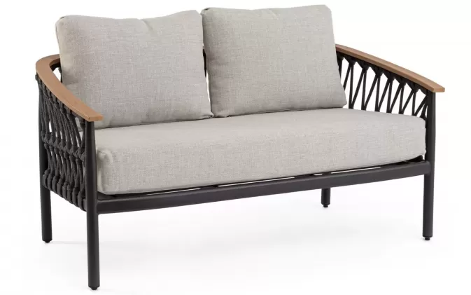 Sofa ogrodowa dwuosobowa aluminiowa grafitowa z podłokietnikami tikk i liną rope fenix