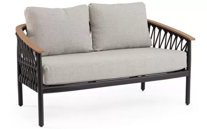 Sofa ogrodowa dwuosobowa aluminiowa grafitowa z podłokietnikami tikk i liną rope fenix