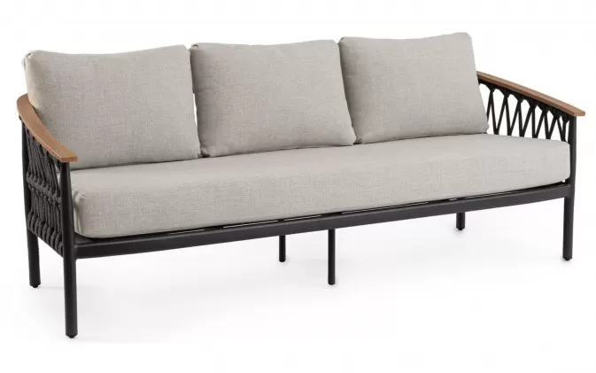 Sofa ogrodowa trzyosobowa aluminiowa grafitowa z podłokietnikami tikk i liną rope fenix