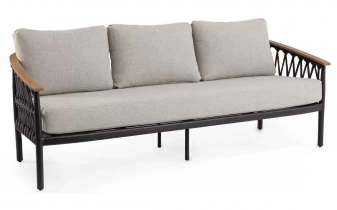 Sofa ogrodowa trzyosobowa aluminiowa grafitowa z podłokietnikami tikk i liną rope fenix
