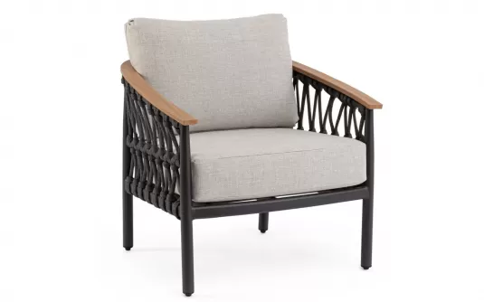 Ciemnoszary aluminiowy fotel wypoczynkowy na taras lina oraz podłokietniki tek fenix
