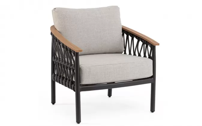 Ciemnoszary aluminiowy fotel wypoczynkowy na taras lina oraz podłokietniki tek fenix